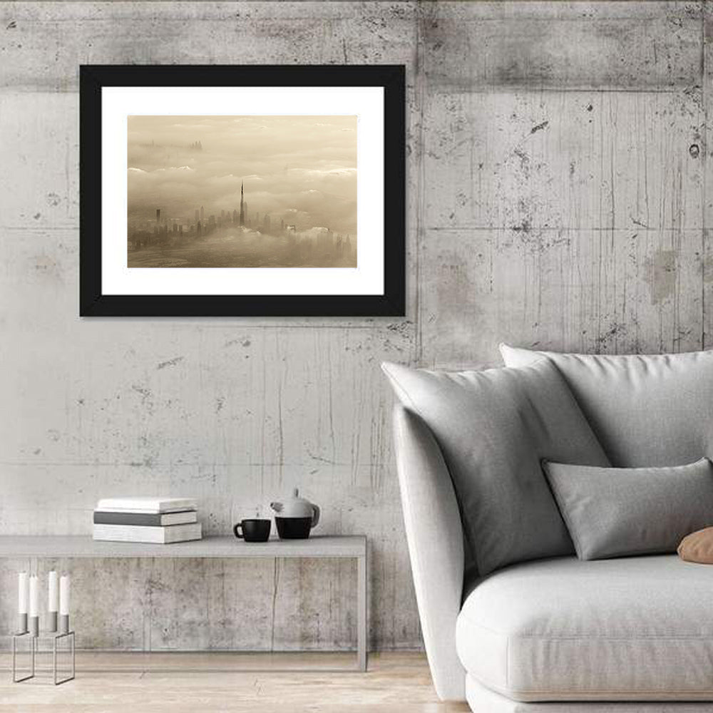 Dubai Haze Over Burj Khalifa Wall Art in a room, landscape