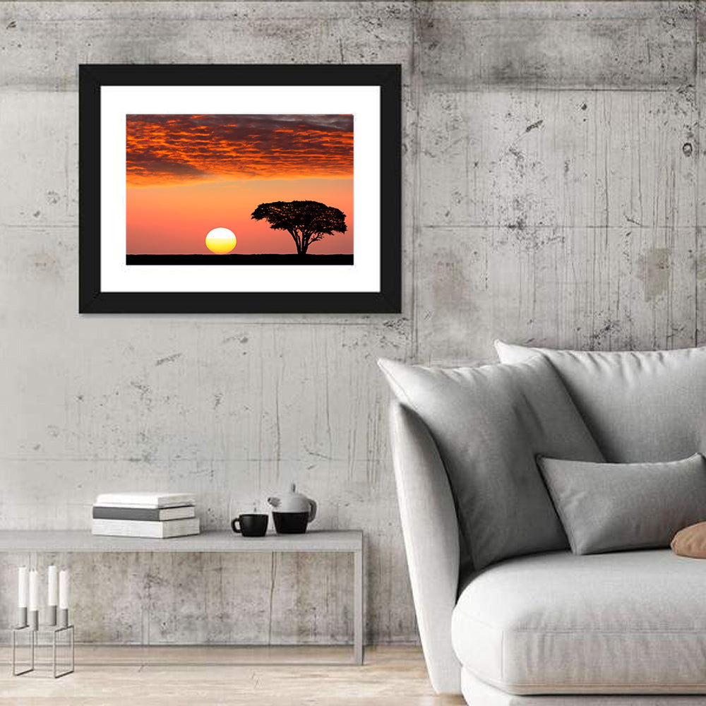 Serengeti Sunset Silhouette Wall Art in a room, landscape