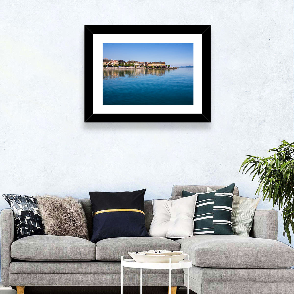 Tranquil Lake Neuchatel Wall Art in a room, landscape
