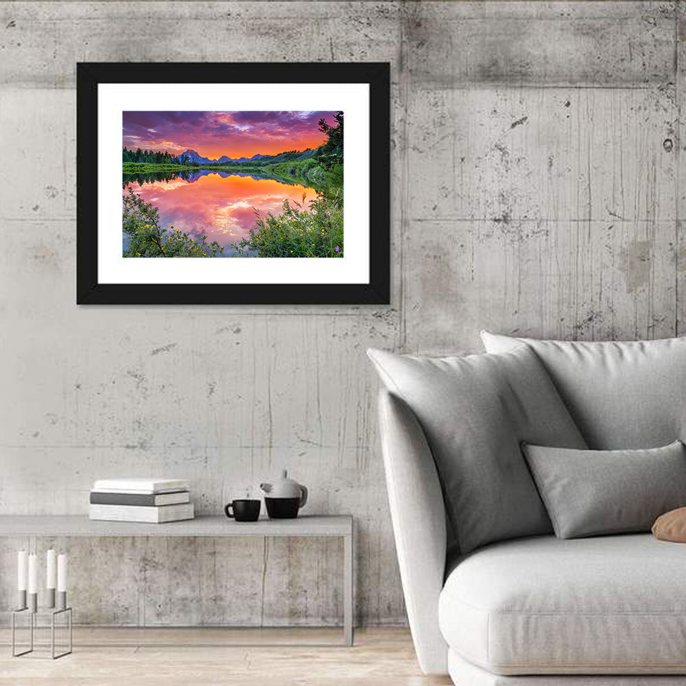 Oxbow Bend Sunset Wall Art in a room, landscape