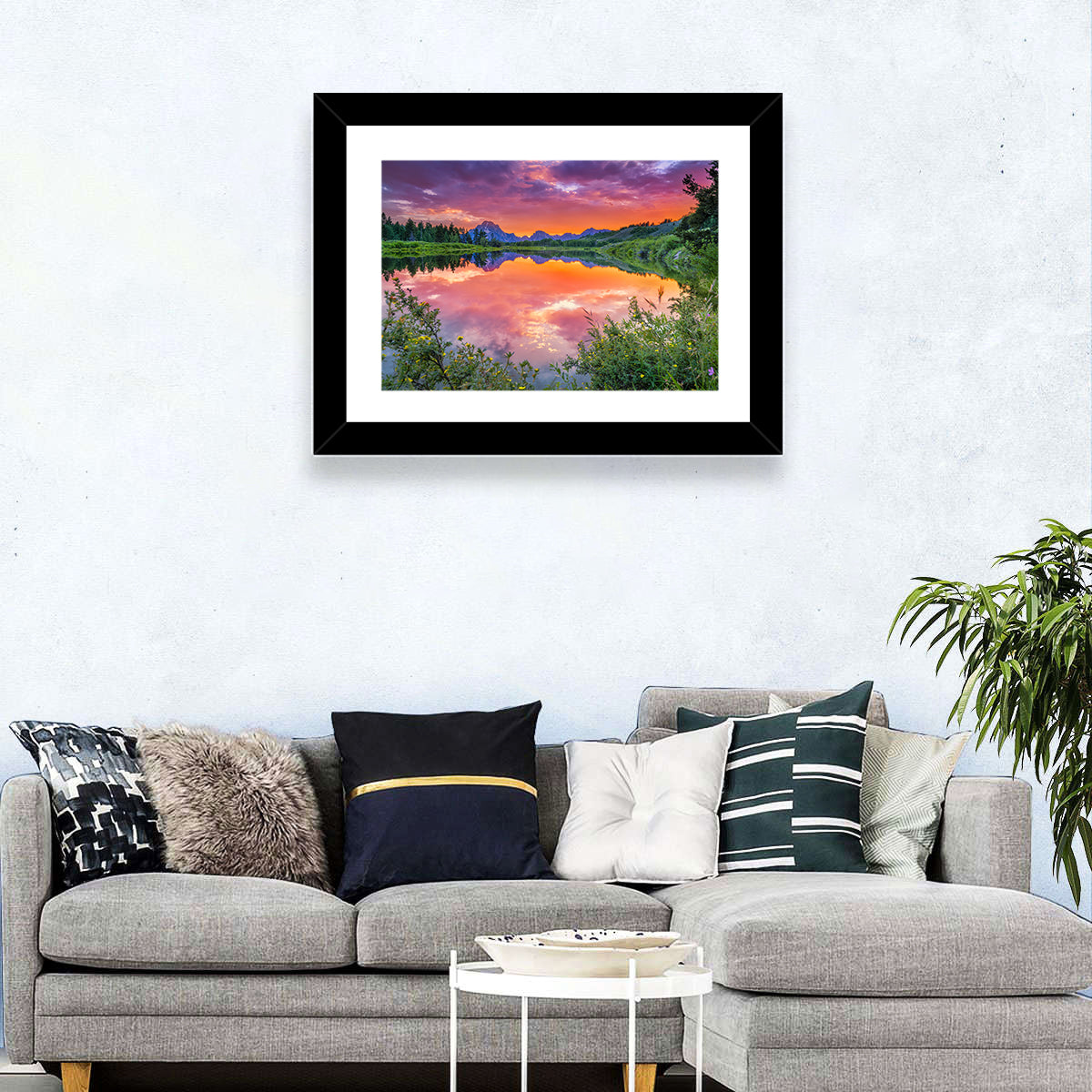 Oxbow Bend Sunset Wall Art in a room, landscape