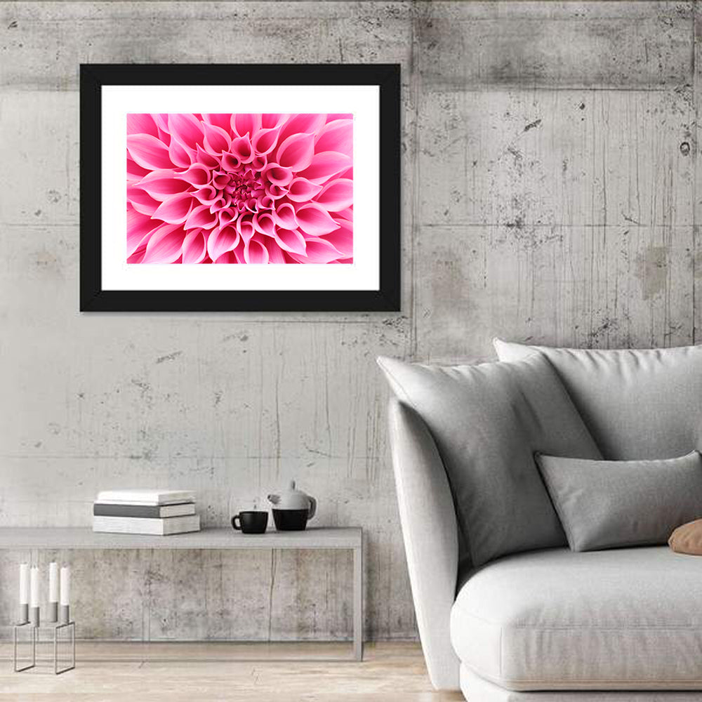 Pink Dahlia Spiral Close-up Wall Art in a room, landscape