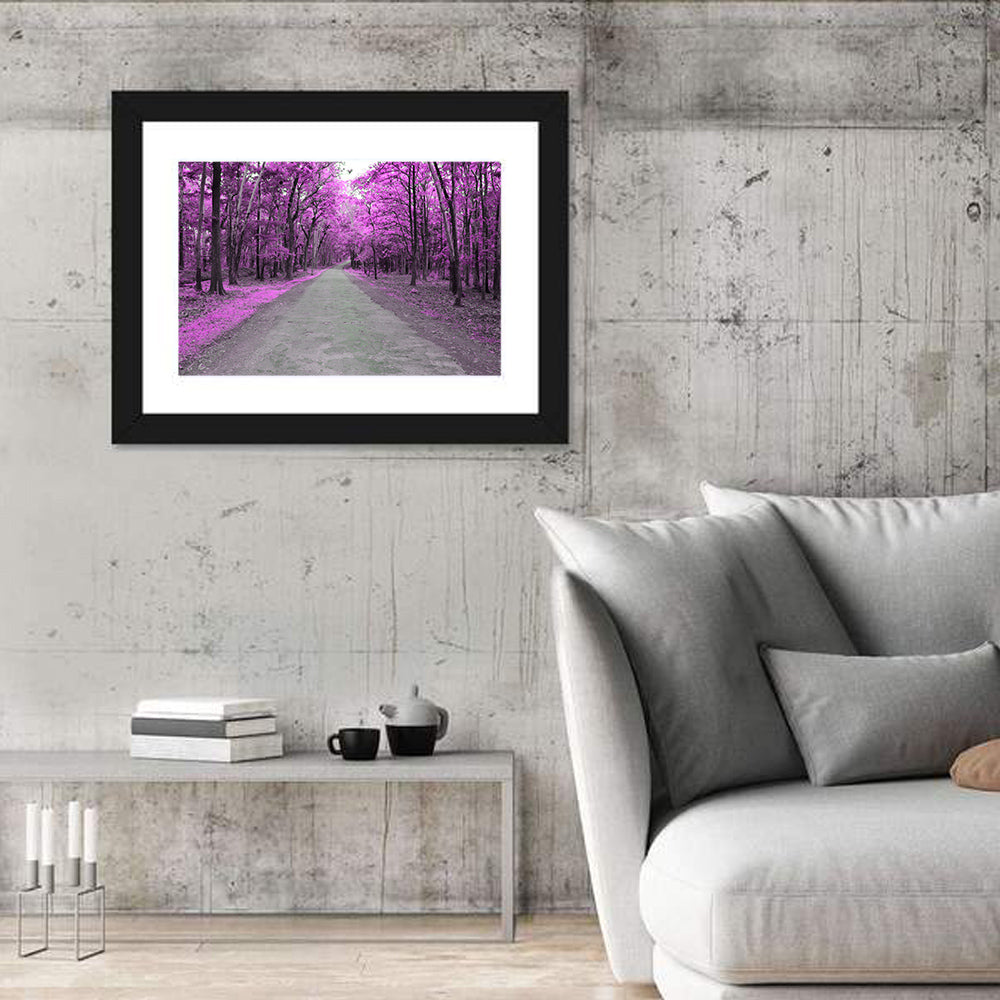 Magenta Autumn Forest Road Wall Art in a room, landscape