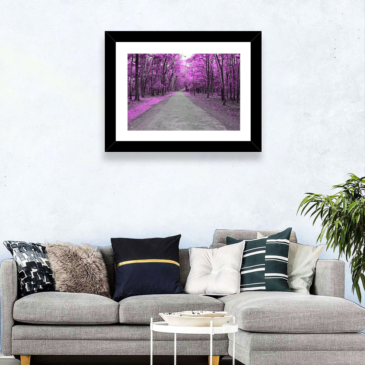 Magenta Autumn Forest Road Wall Art in a room, landscape