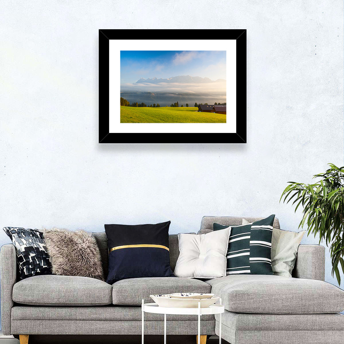 Sunlit Mountain Clouds Wall Art in a room, landscape