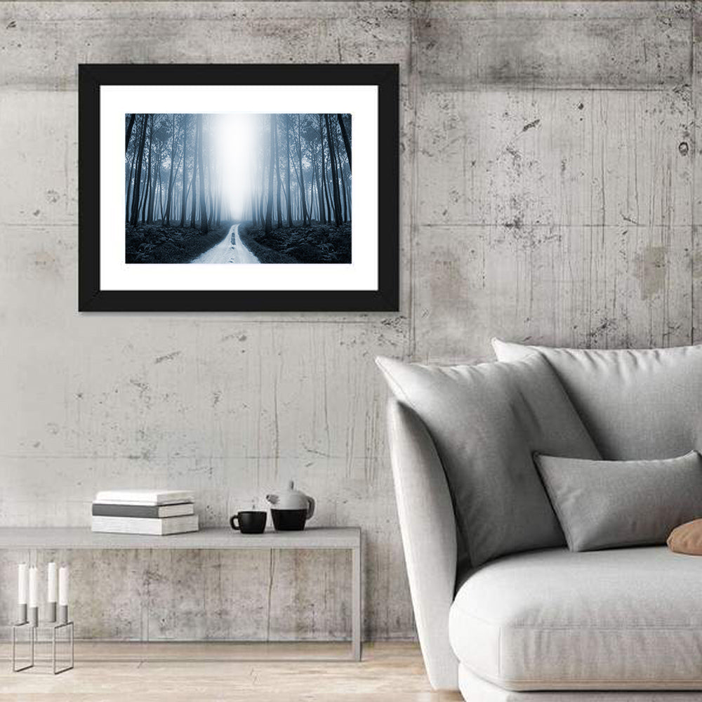 Misty Forest Road at Twilight Wall Art in a room, landscape