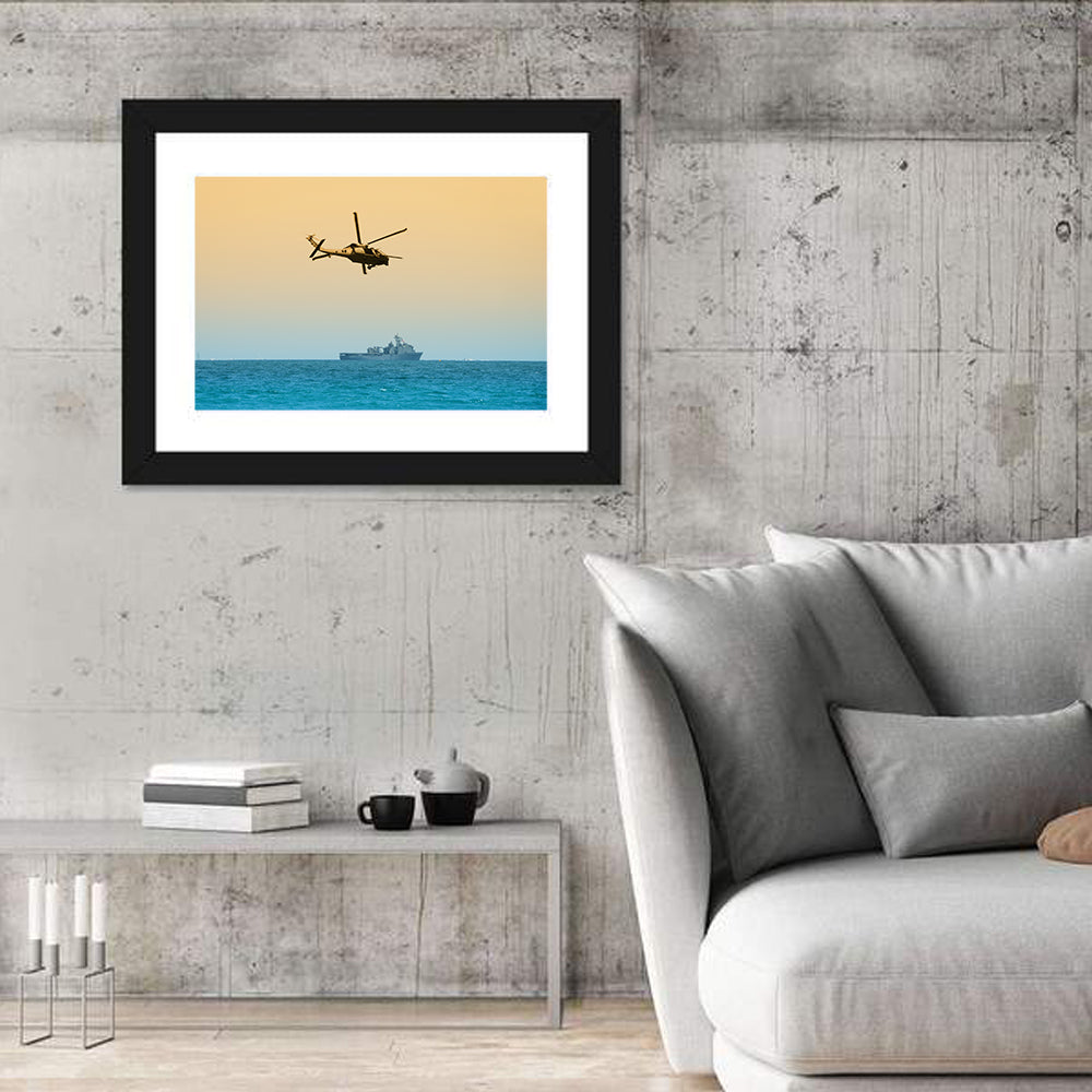 Helicopter Over Warship at Sea Wall Art in a room, landscape