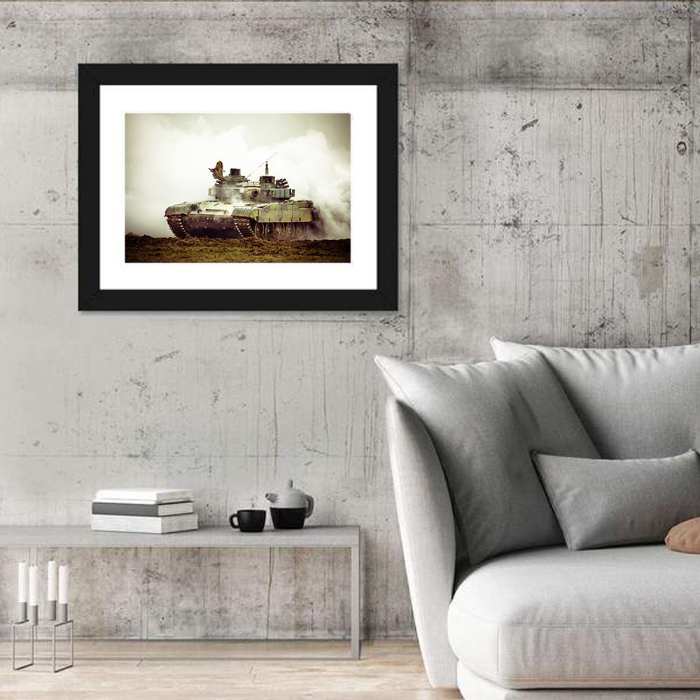 Camouflaged Battle Tank in Smoke Wall Art