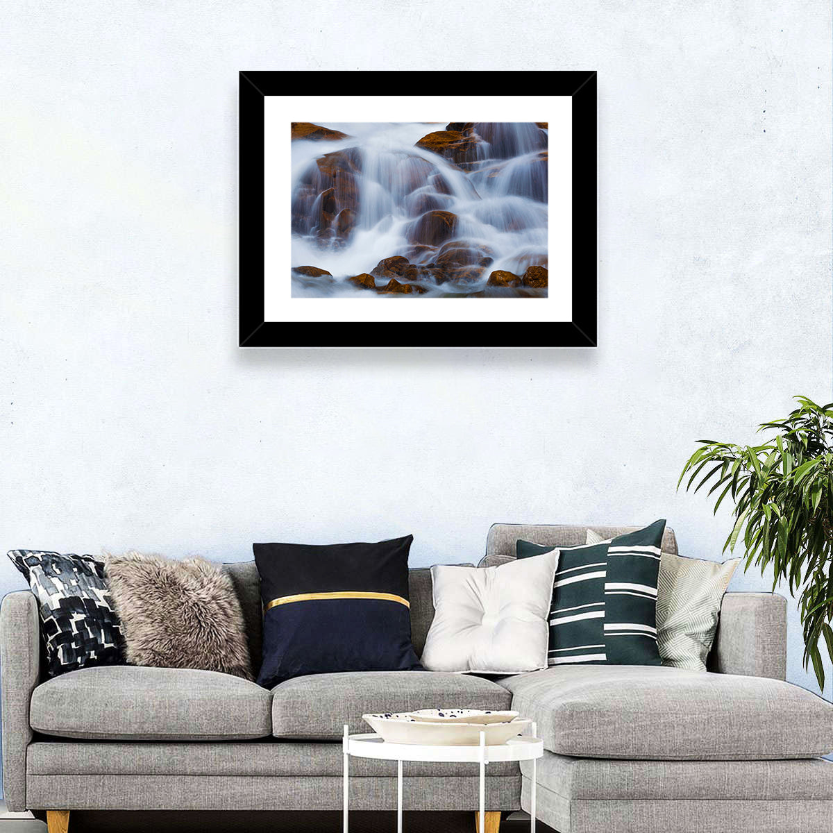 Rocky Mountain Waterfall Wall Art in a room, landscape