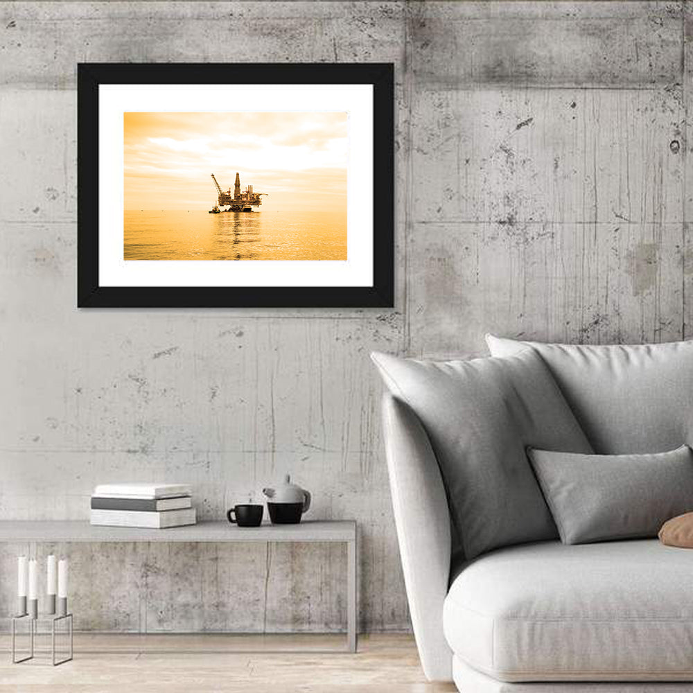Golden Hour Oil Rig Wall Art in a room, landscape