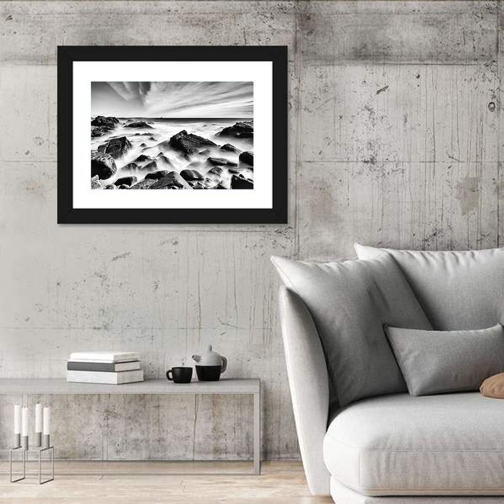 Maine Rocky Coast with Distant Lighthouse Wall Art in a room, landscape