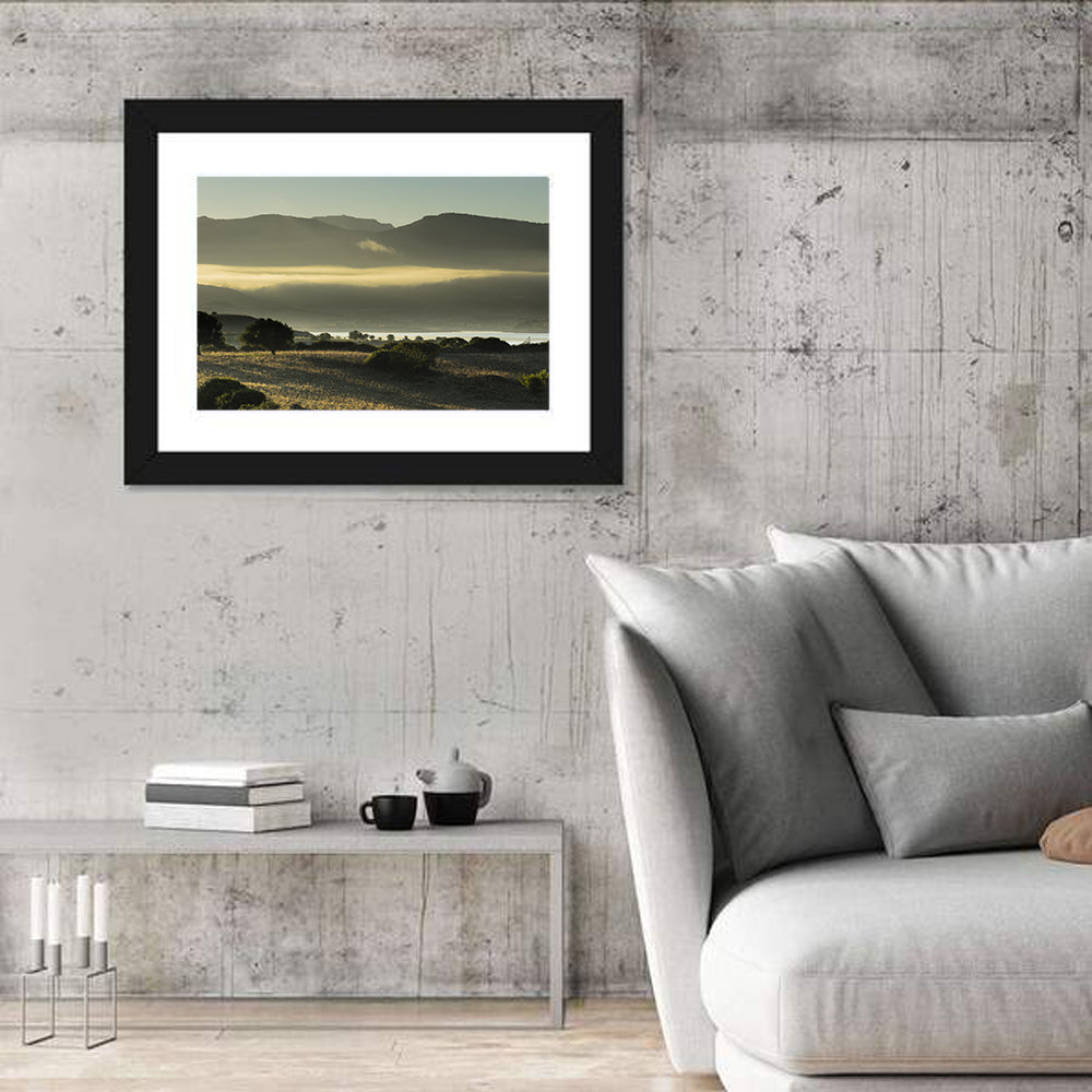 Lake Omodeo Morning Mist Wall Art in a room, landscape