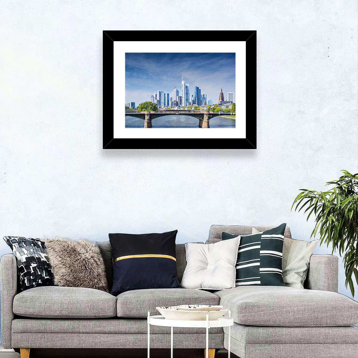 Frankfurt Skyline with Eiserner Steg Wall Art in a room, landscape