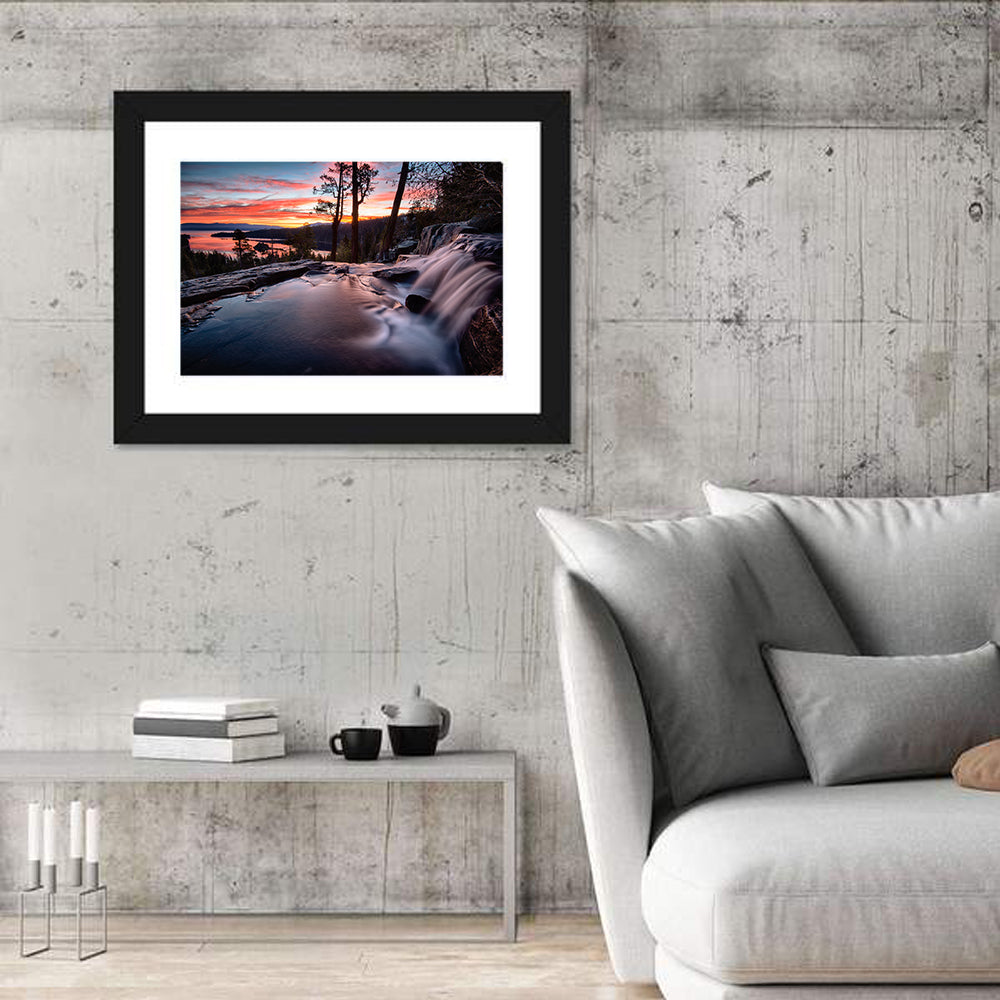 Waterfall Near Lake Tahoe Wall Art in a room, landscape