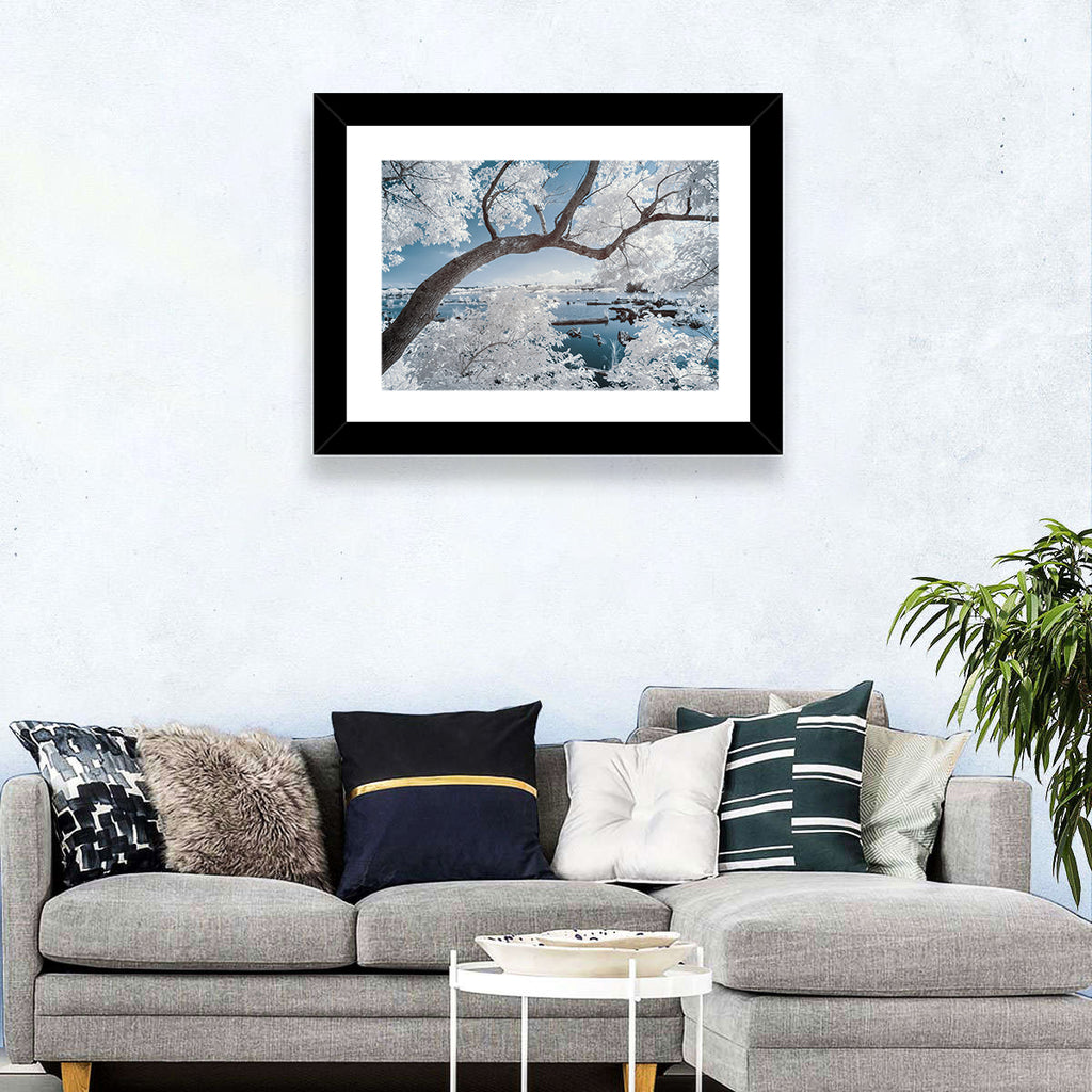 Curving Winter Tree Over Lake Wall Art