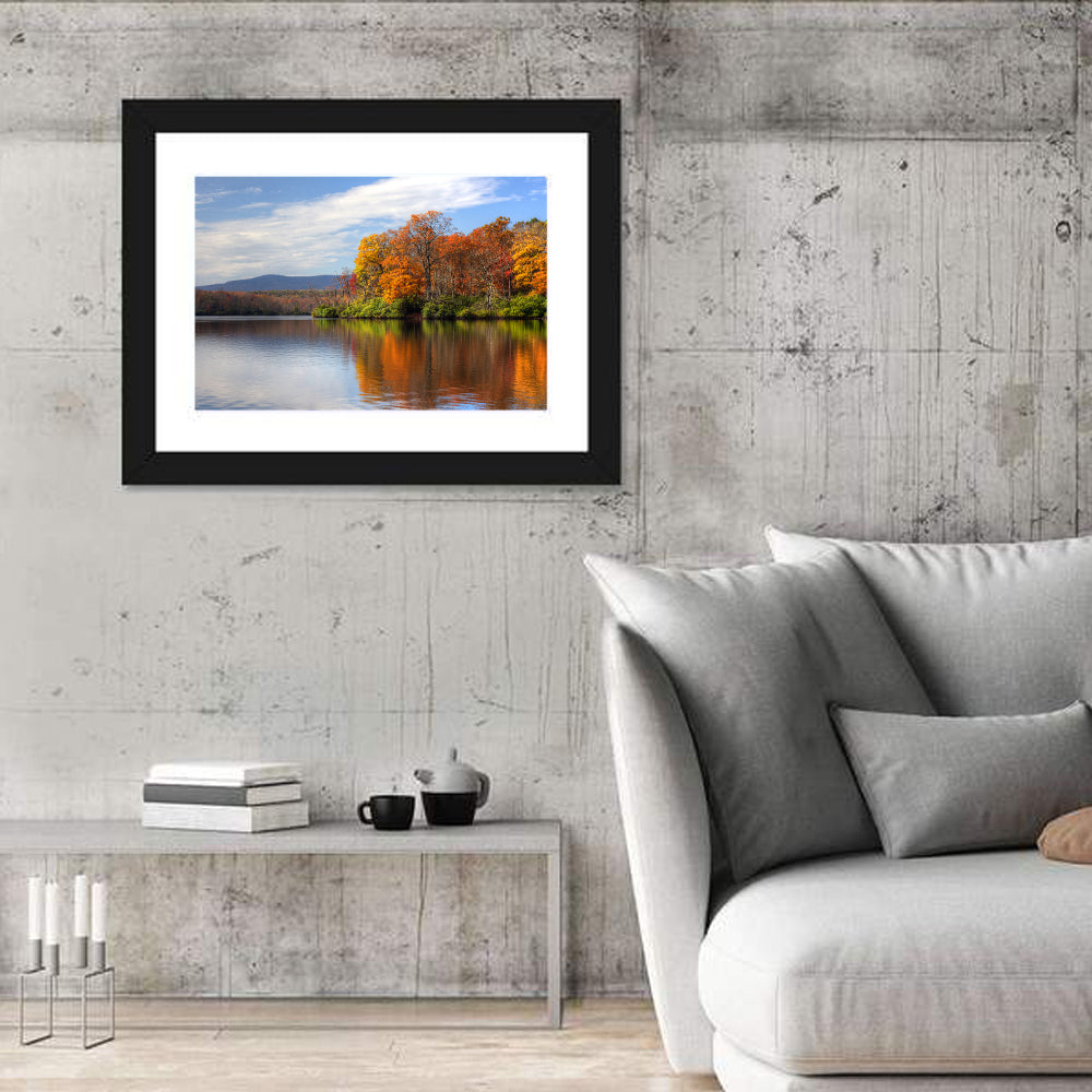 Autumn Lake with Mountain Reflection Wall Art in a room, landscape
