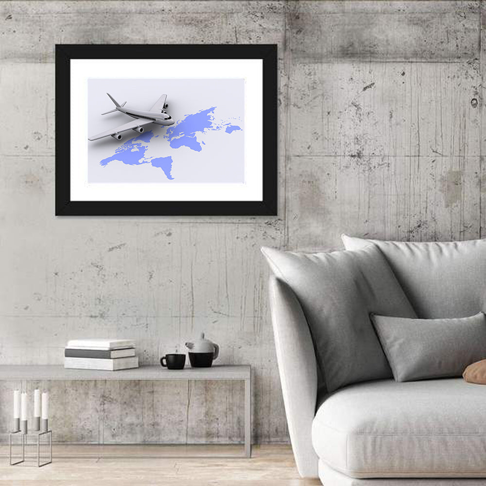 Airplane Over World Map Wall Art in a room, landscape