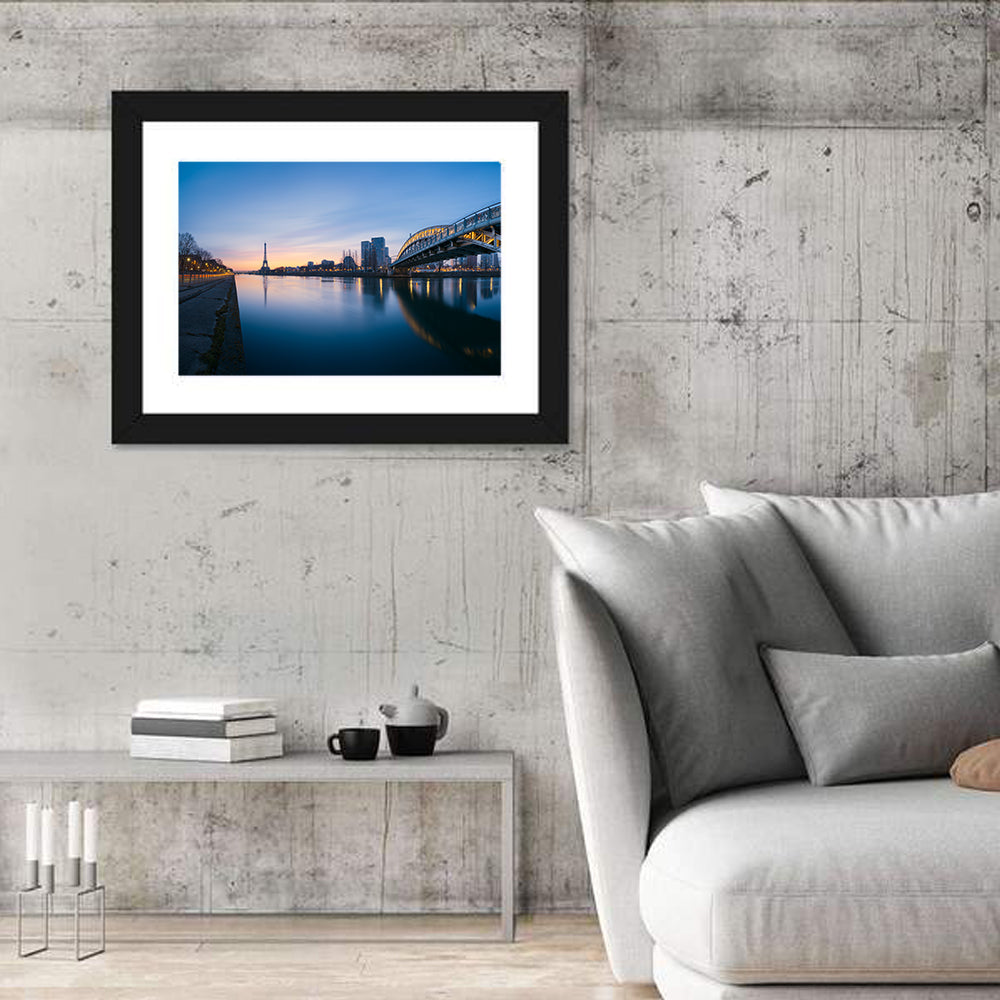 Eiffel Tower Golden Hour Reflection Wall Art in a room, landscape
