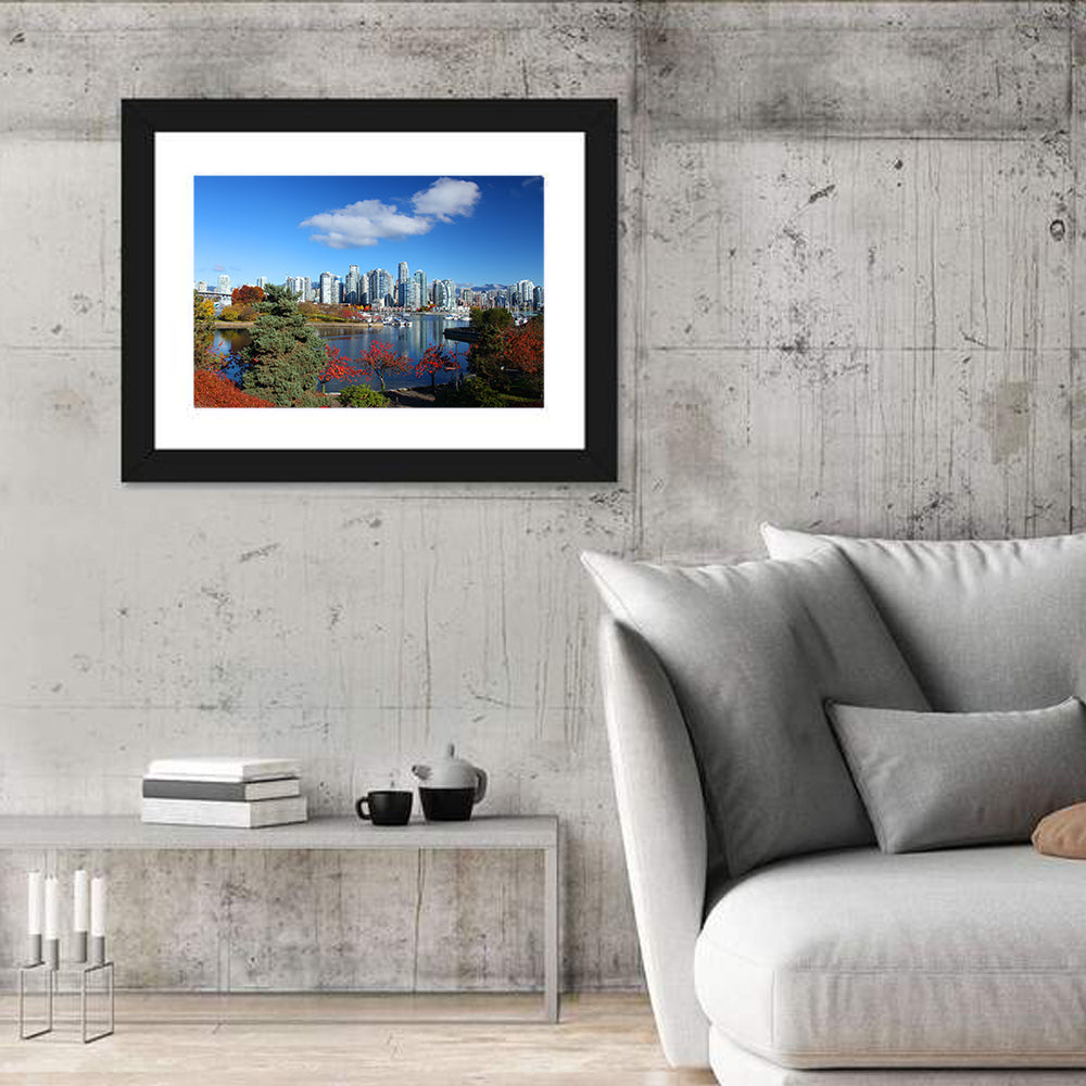 Vancouver Autumn Skyline Wall Art in a room, landscape
