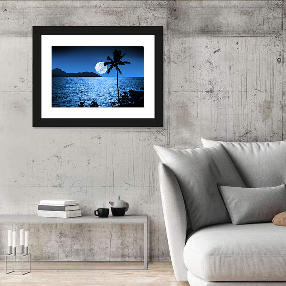Moonlit Tropical Shore Silhouette Wall Art