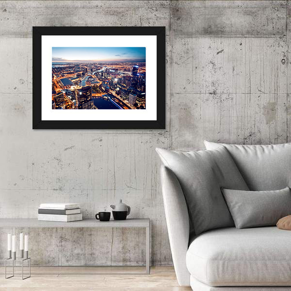 Melbourne Twilight Skyline Wall Art in a room, landscape
