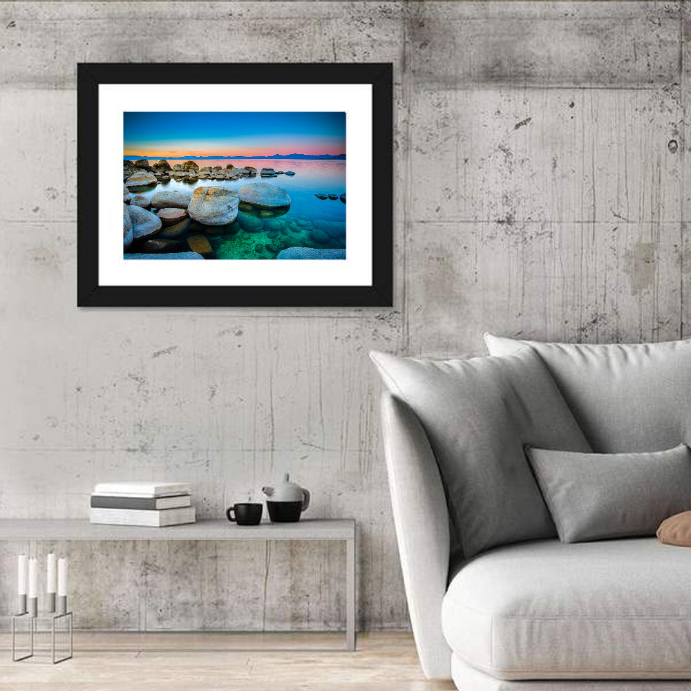 Lake Tahoe Sunset Boulders Wall Art in a room, landscape
