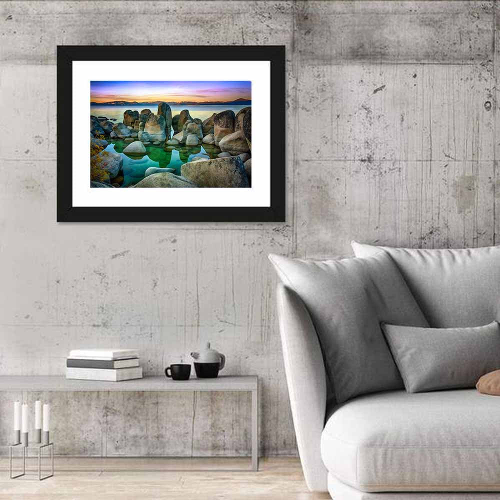 Lake Tahoe Rocky Shoreline at Dusk Wall Art in a room, landscape