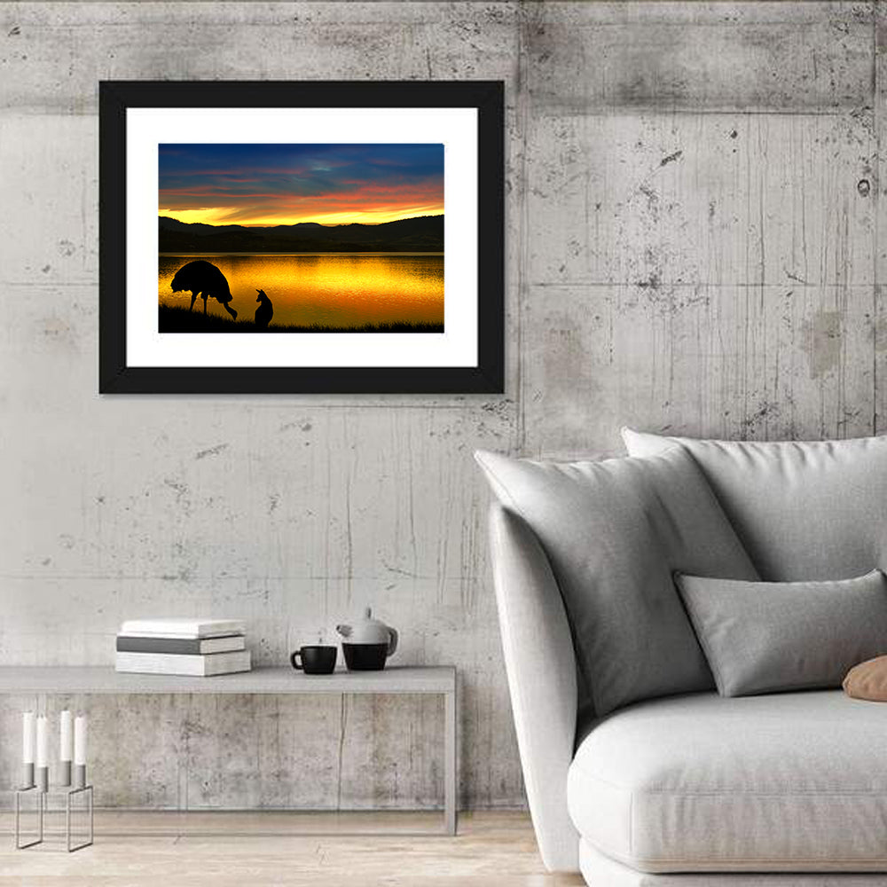 Kangaroo and Emu at Lake Sunset Wall Art in a room, landscape