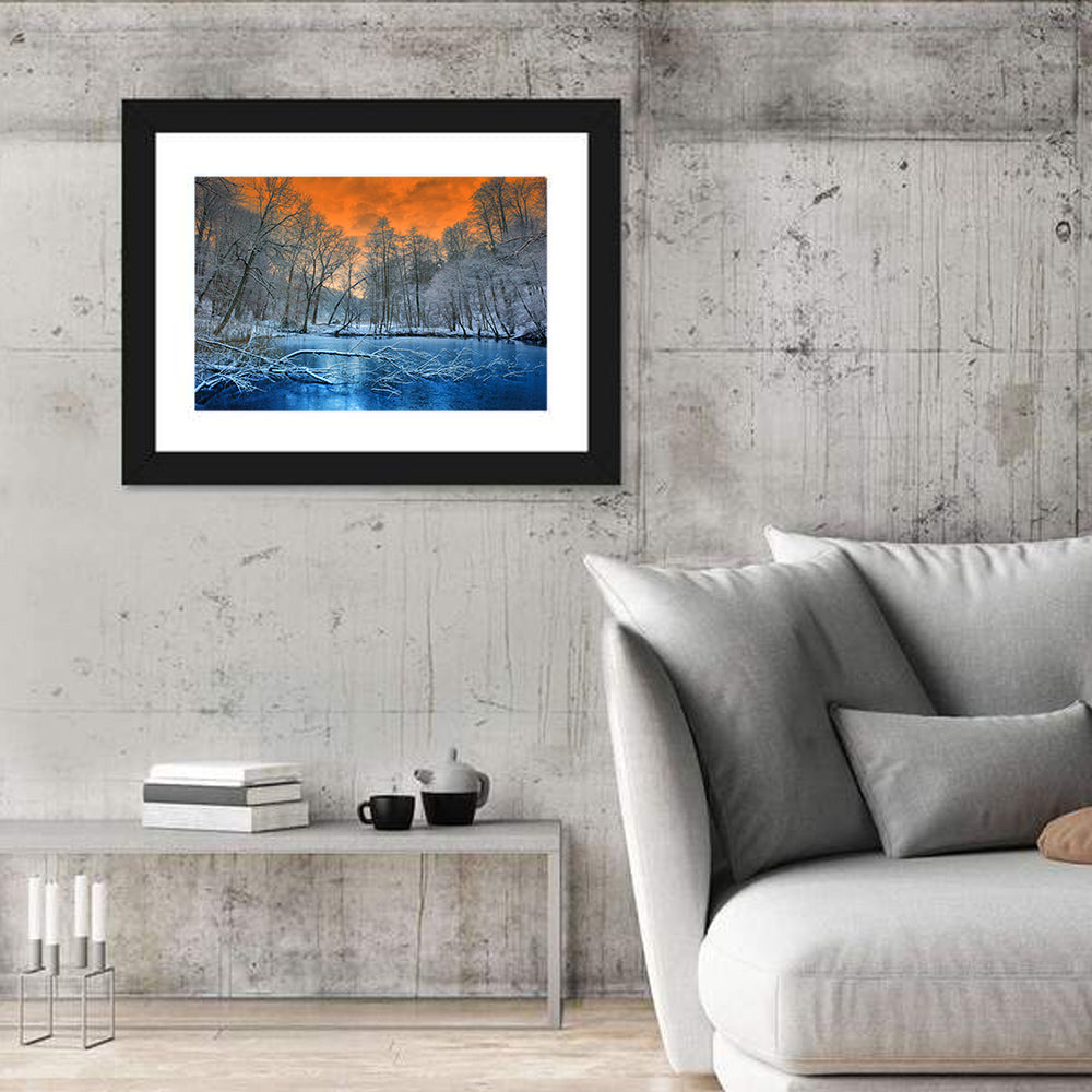 Sunset Over Winter Forest Lake Wall Art in a room, landscape
