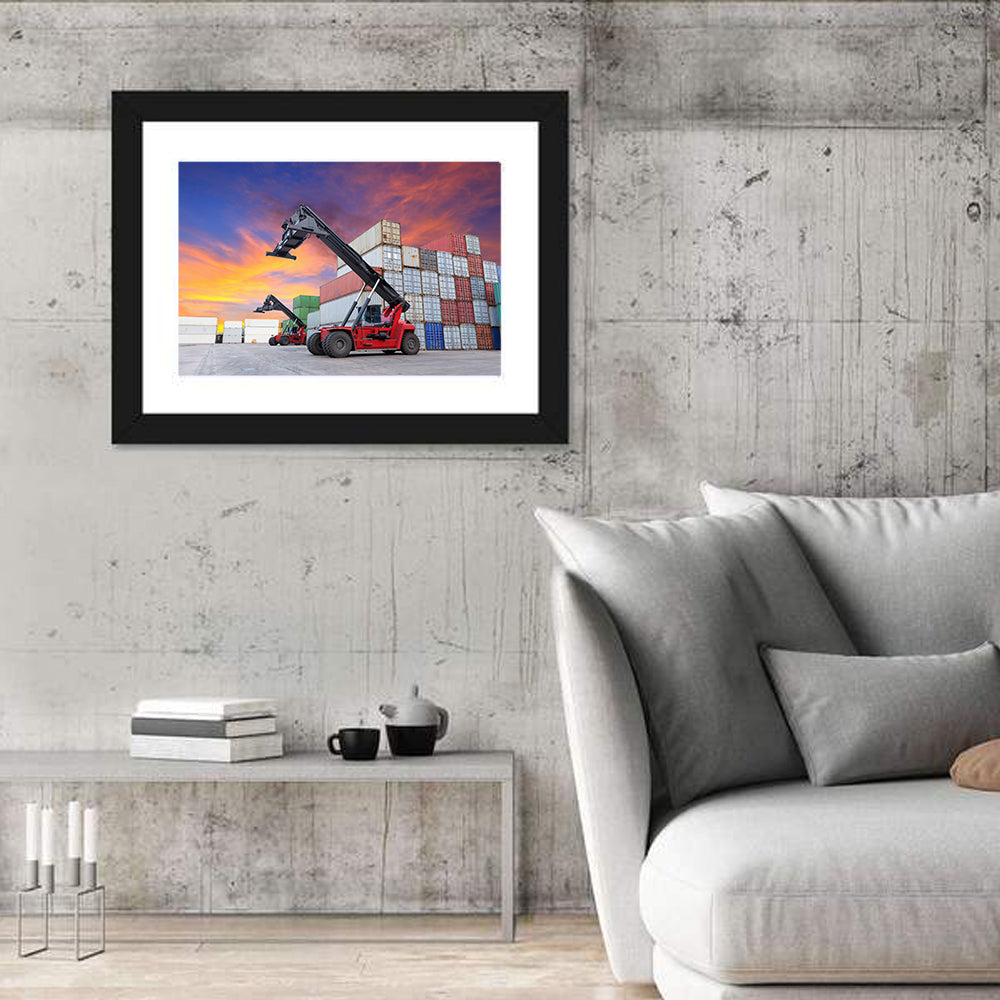 Red Reach Stackers at Sunset Wall Art