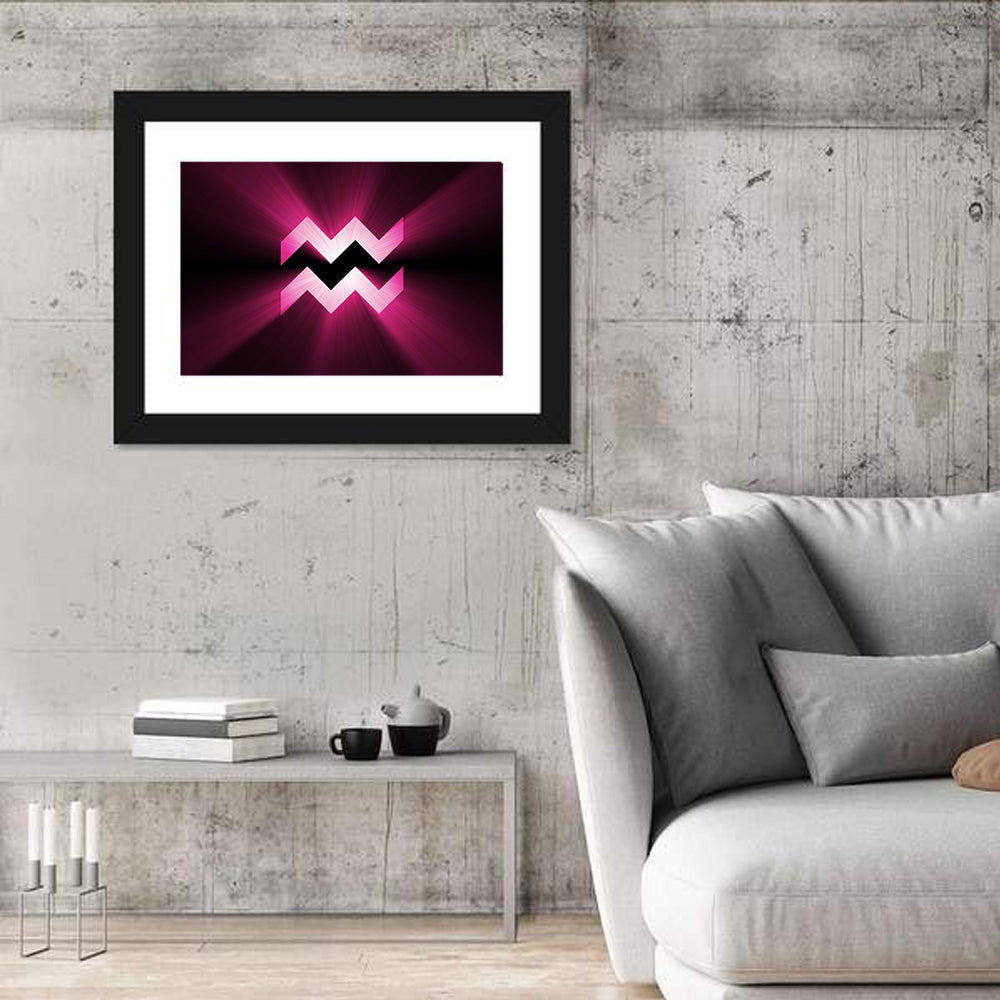 Magenta Aquarius Symbol Wall Art in a room, landscape
