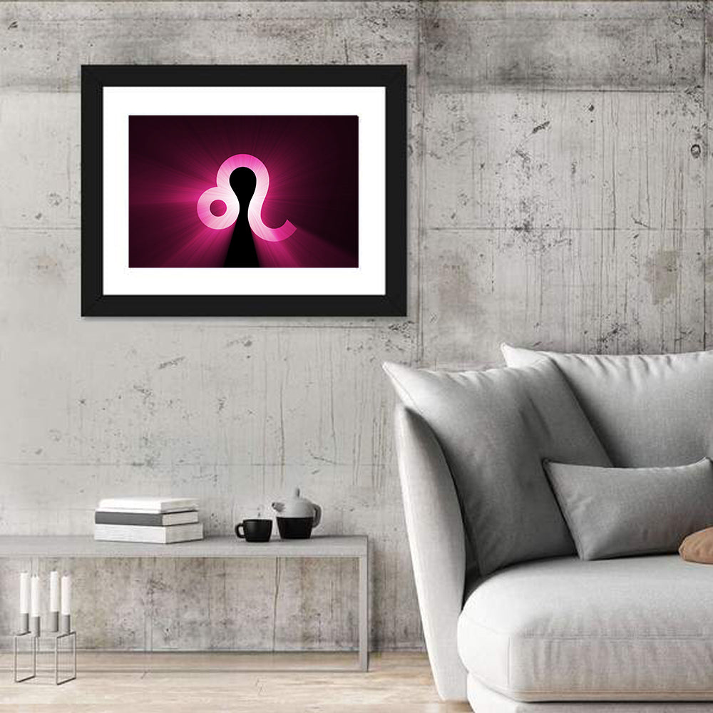 Glowing Magenta Leo Symbol Wall Art in a room, landscape