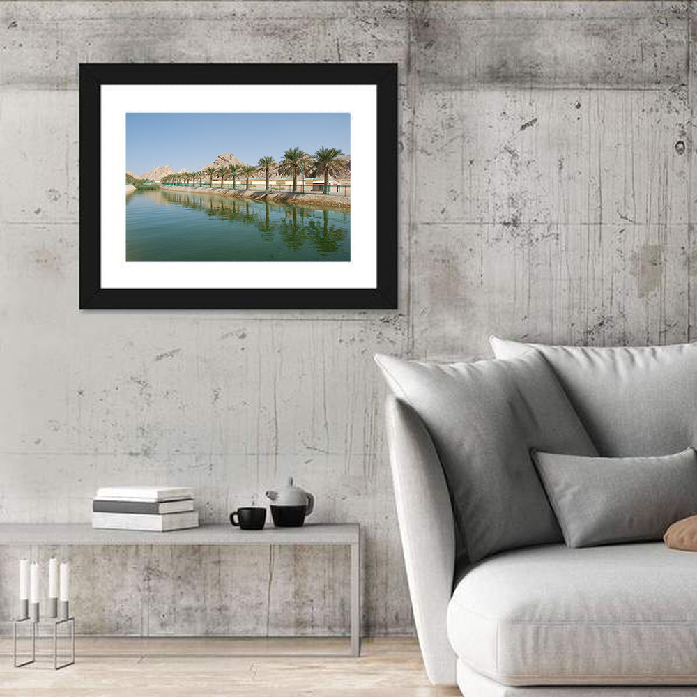 Palm Lake Reflections Wall Art in a room, landscape