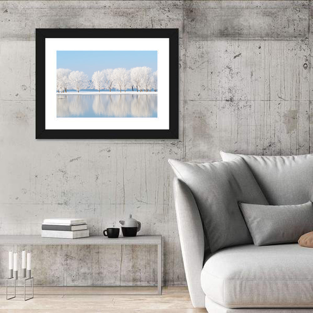 Frosted Winter Trees Reflected on a Quiet Lake Wall Art in a room, landscape