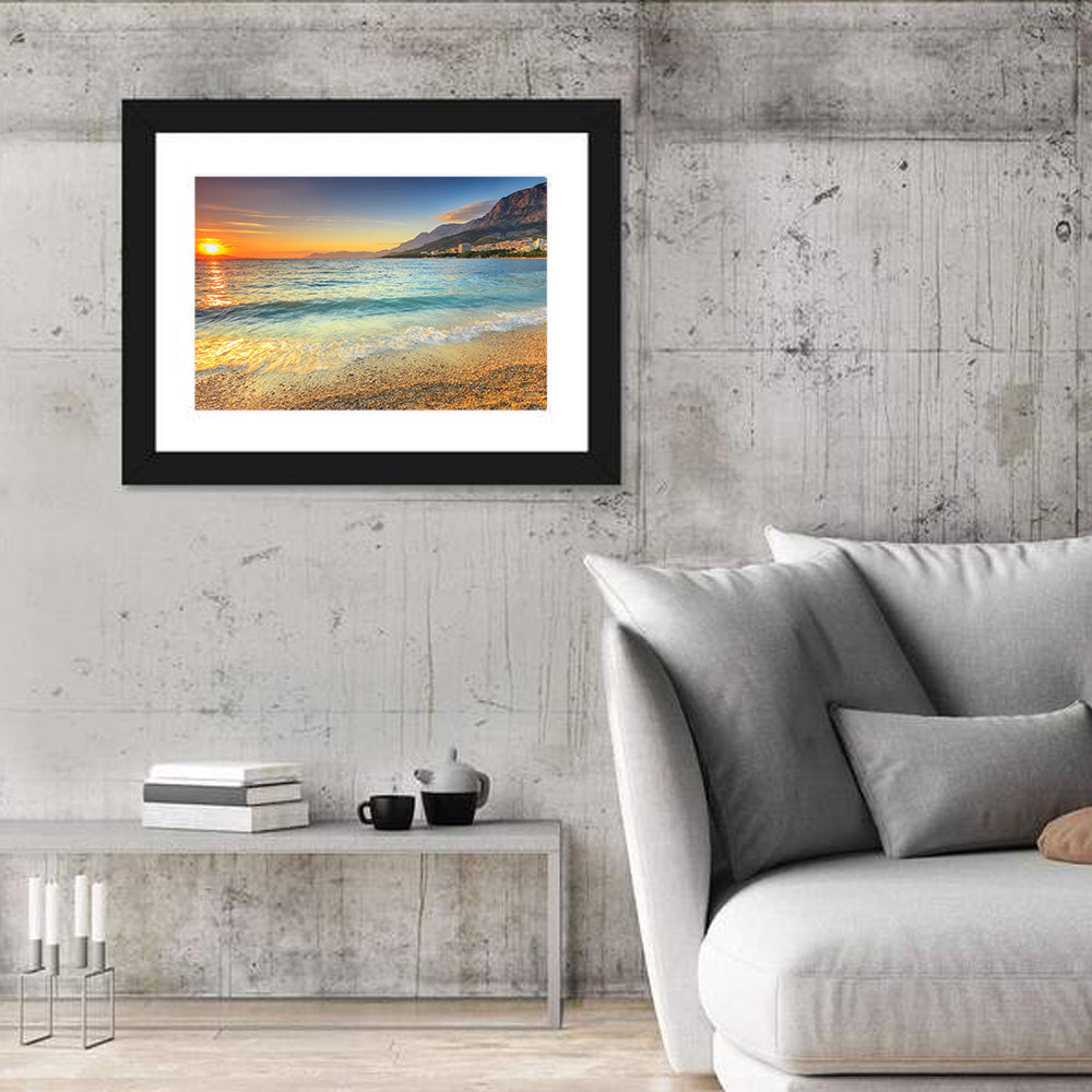 Makarska Pebble Beach Sunset Wall Art in a room, landscape