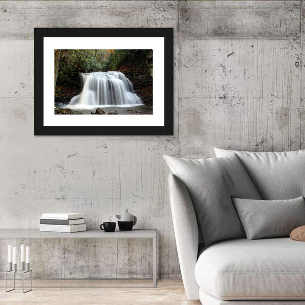 Holly River Autumn Waterfall Wall Art in a room, landscape