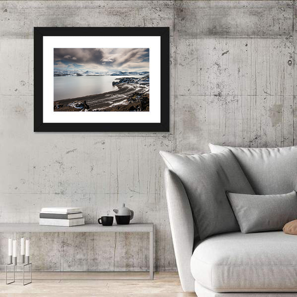 Kleifarvatn Black Sand Shore Wall Art in a room, landscape