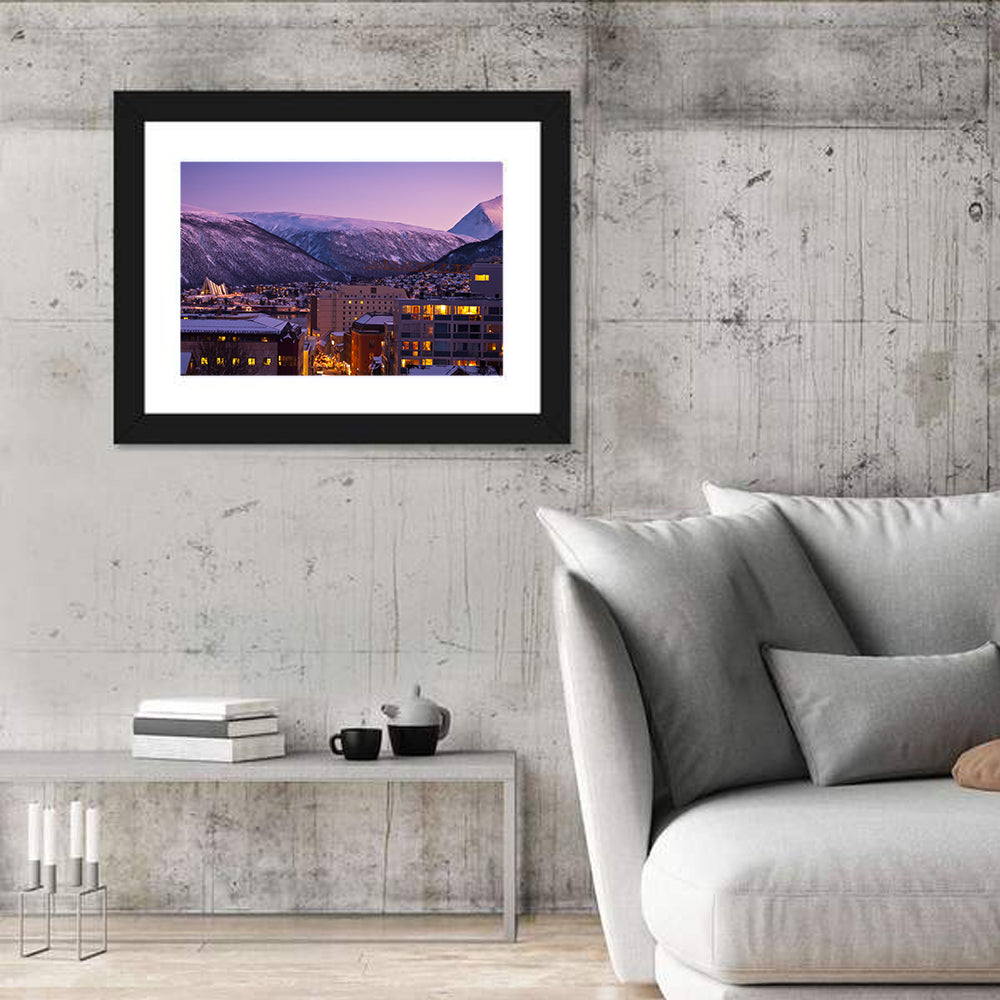 Tromsø Twilight Cityscape Wall Art in a room, landscape