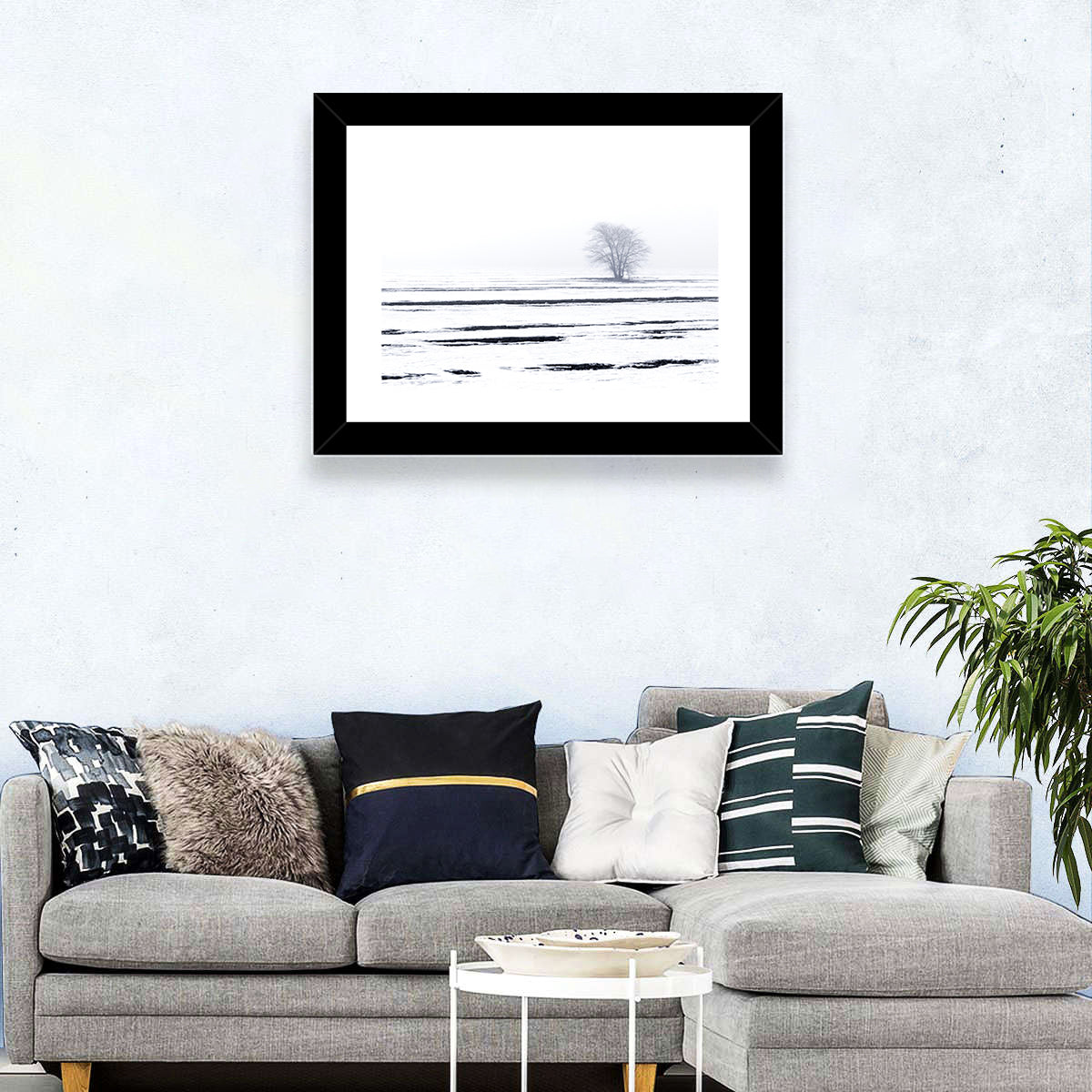 Foggy Winter Field with Lone Tree Wall Art in a room, landscape