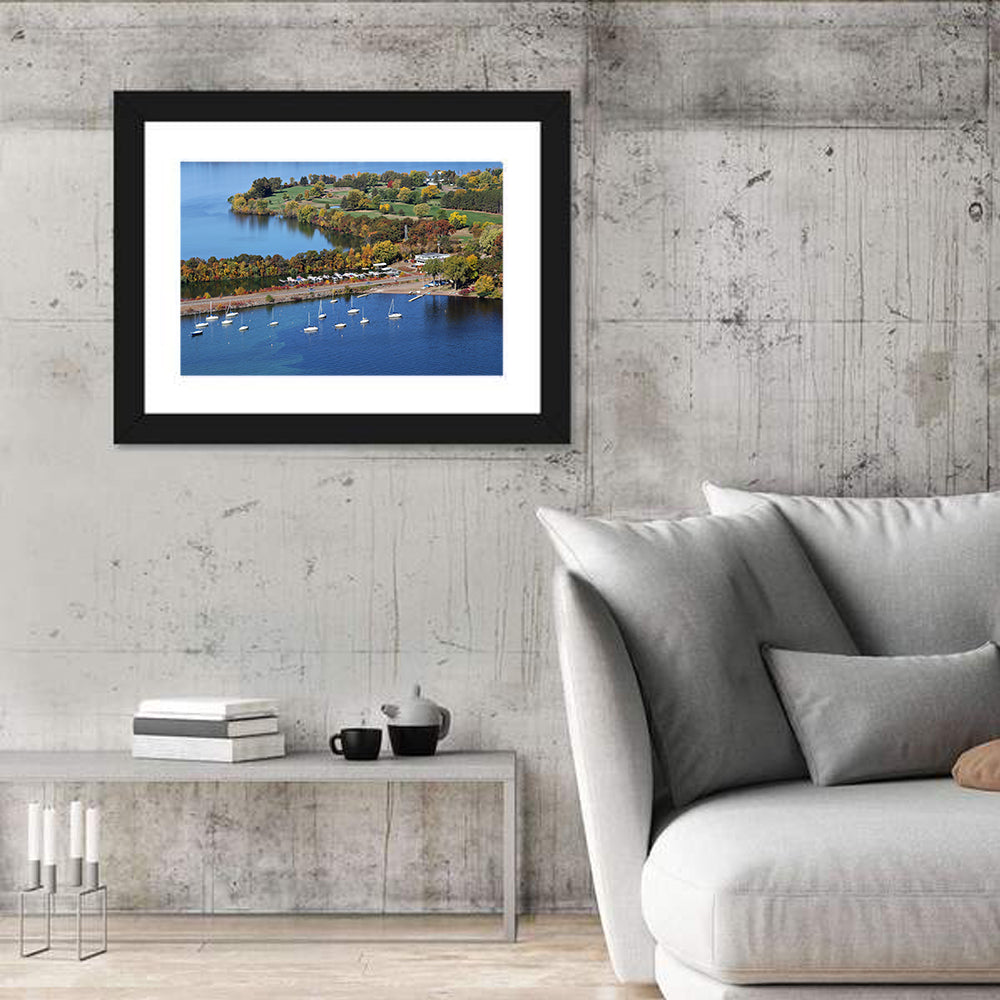 Lake Wissota Aerial Wall Art in a room, landscape