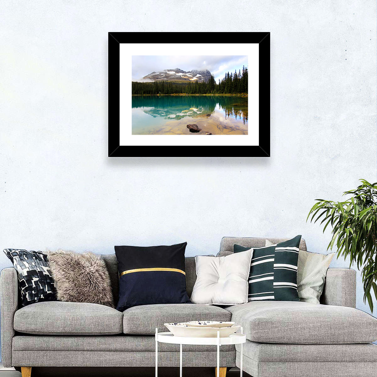 Lake O Hara Mountain Reflection Wall Art in a room, landscape