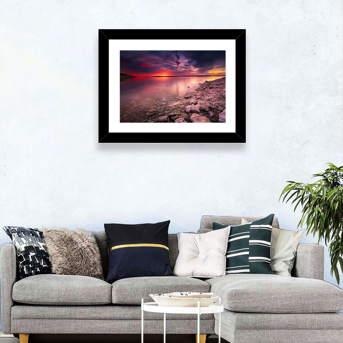 Benbrook Lake Sunset Reflection Wall Art in a room, landscape