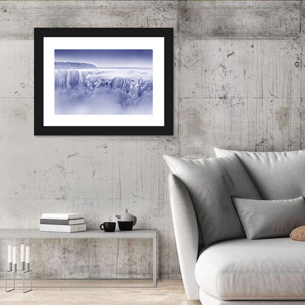Iguazu Falls Blue Monochrome Wall Art in a room, landscape