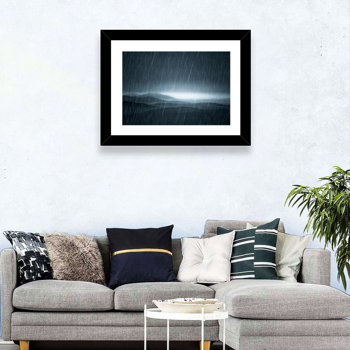 Rain Storm Over Mountains Wall Art in a room, landscape