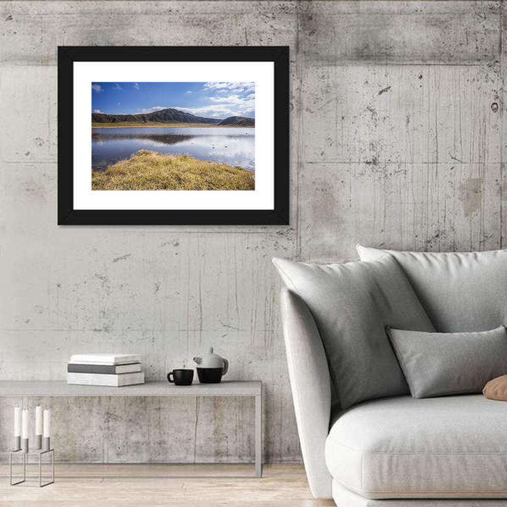 Mount Aso Lake Reflection Wall Art in a room, landscape