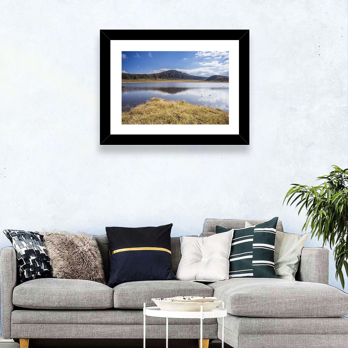 Mount Aso Lake Reflection Wall Art in a room, landscape