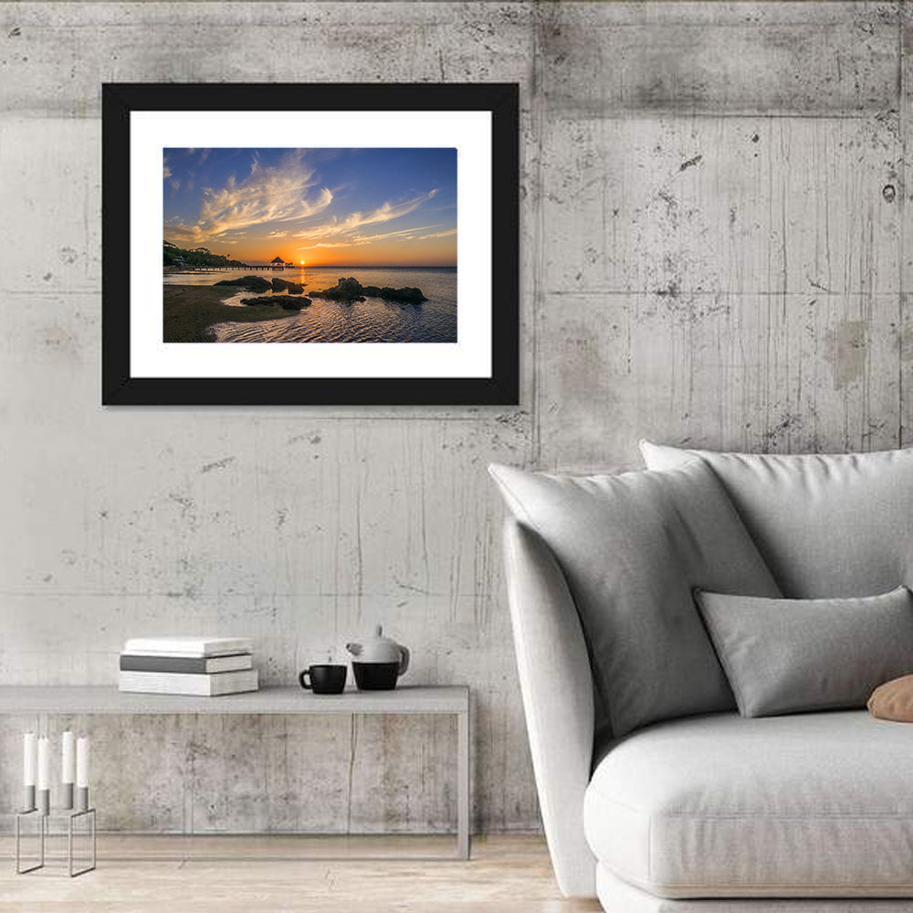 Roatan Pier Sunset Wall Art in a room, landscape