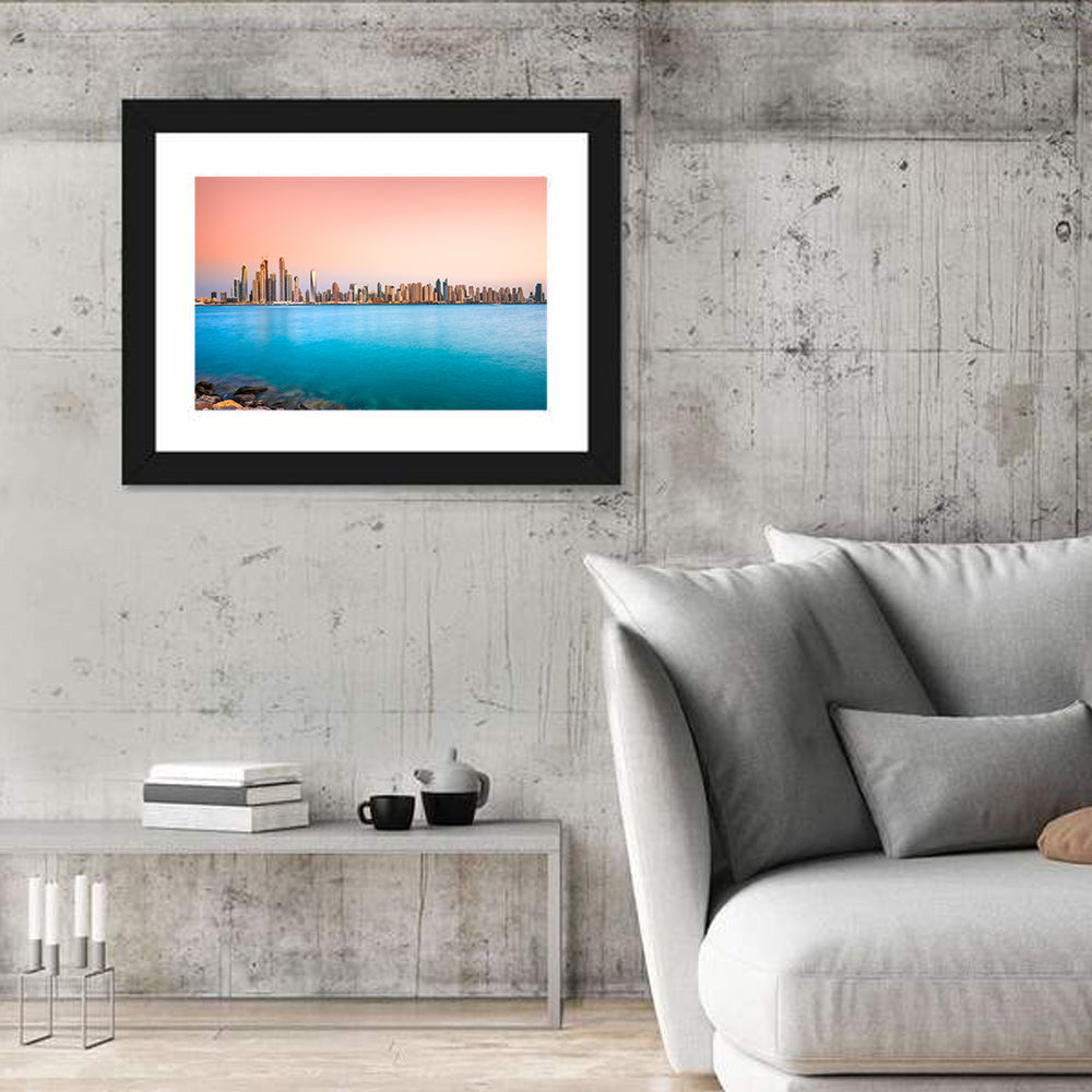 Dubai Marina Skyline Wall Art in a room, landscape