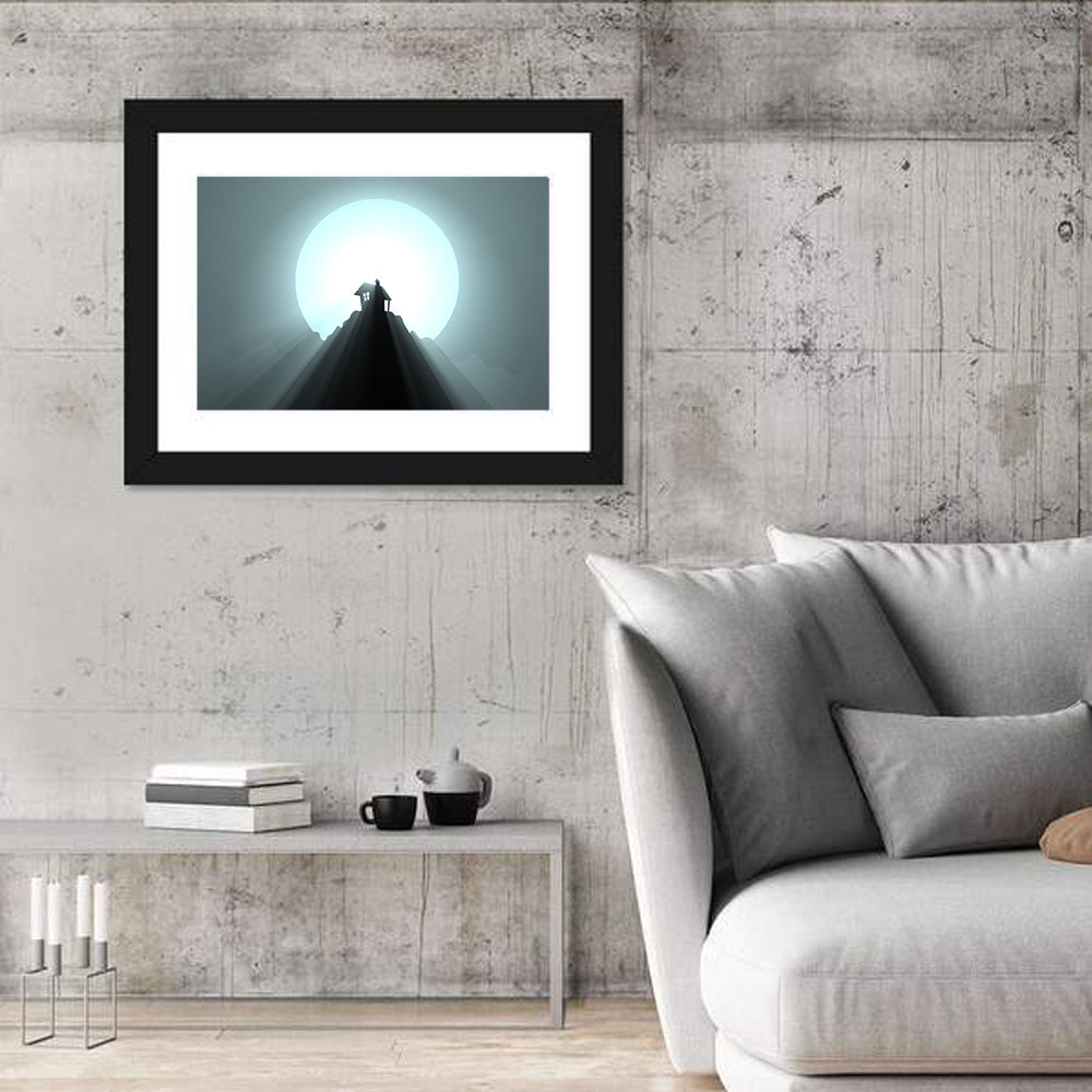 Moonlit Mountain Hut Wall Art in a room, landscape
