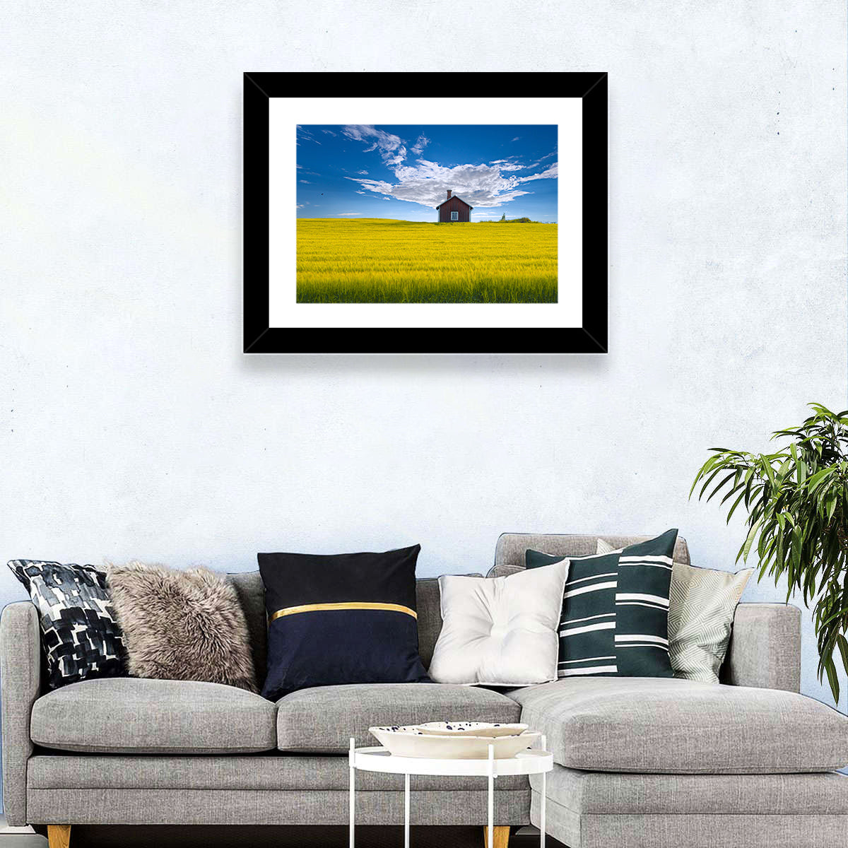 Red Barn in Golden Wheat Field Wall Art in a room, landscape